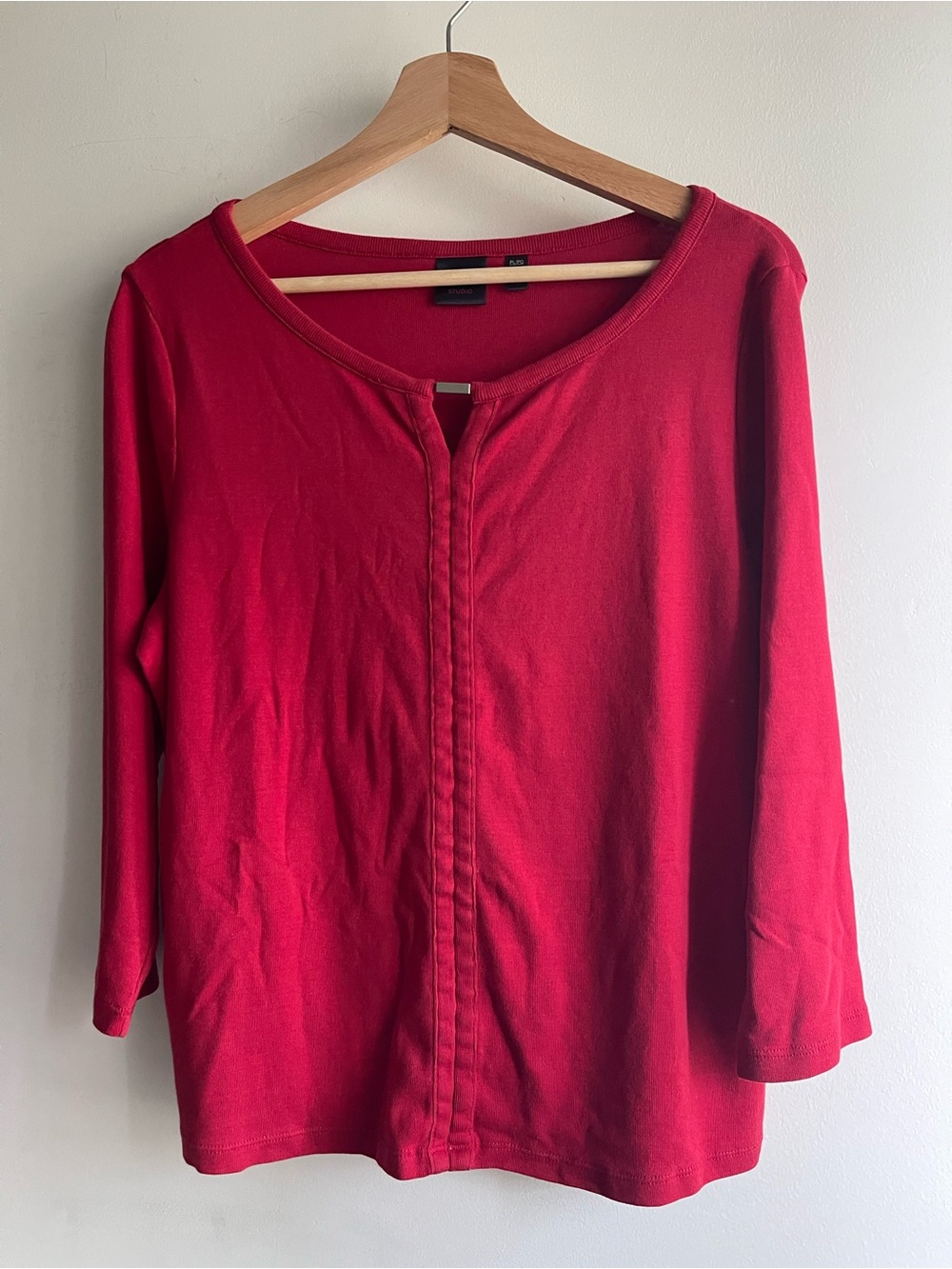 Rafaella Studio Bright Red Split-Neck Knit Top 100% Cotton Classic Casual